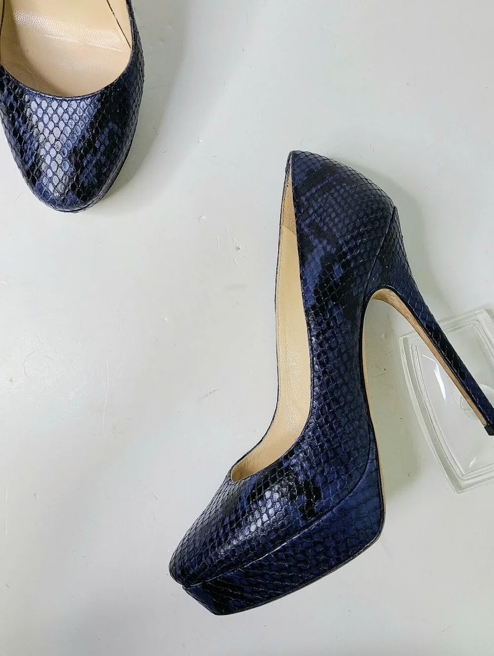 Jimmy Choo London Cosmic Navy Embossed Snakeskin Print Leather Platform Pumps